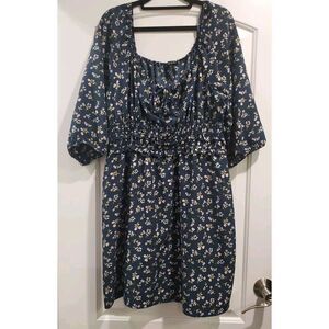 As U Wish 3/4 Sleeve Babydoll Dress Smocked Waist Navy Blue W/pink Flowers 2X
